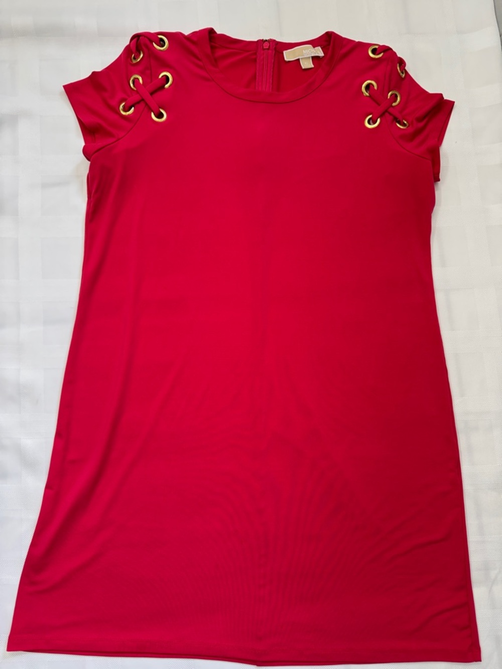 Michael Kors Red Midi Shift Dress with Gold Eyelet Accents